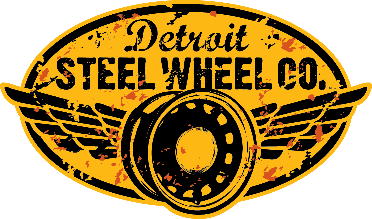 A yellow and black logo for detroit steel wheel company.