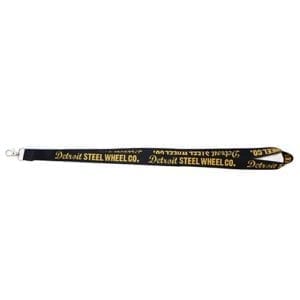 A black and gold lanyard with the words " proud of your wheels ".