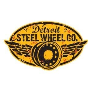 A yellow and black logo of detroit steel wheel co.