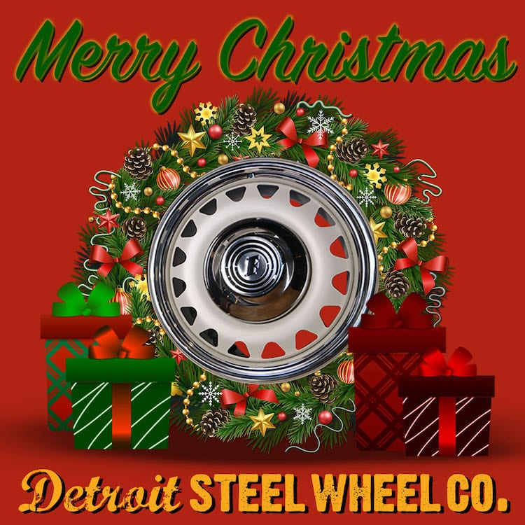 A christmas wreath with presents and the words merry christmas detroit steel wheel co.