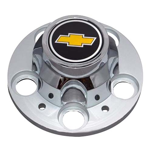 A chrome wheel with a yellow and black chevrolet logo.