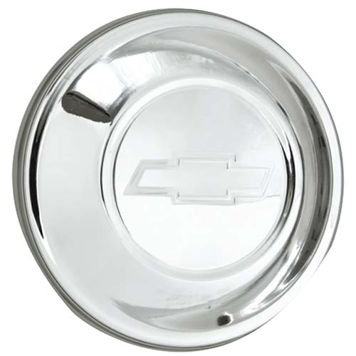 A chrome plated wheel cover with the chevrolet logo.