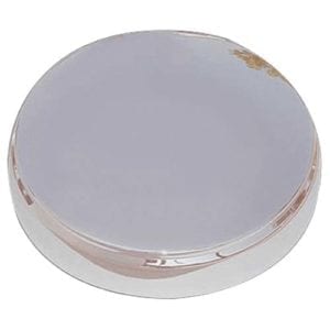 A silver metal lid with a white background.