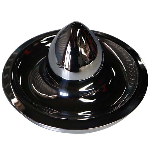 A black and silver metal object with a round base.