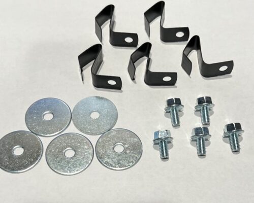 A set of four pairs of metal clips and some washers.
