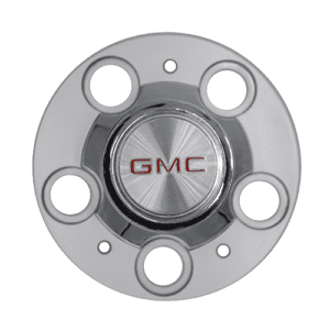A silver rim with red gmc logo on it.
