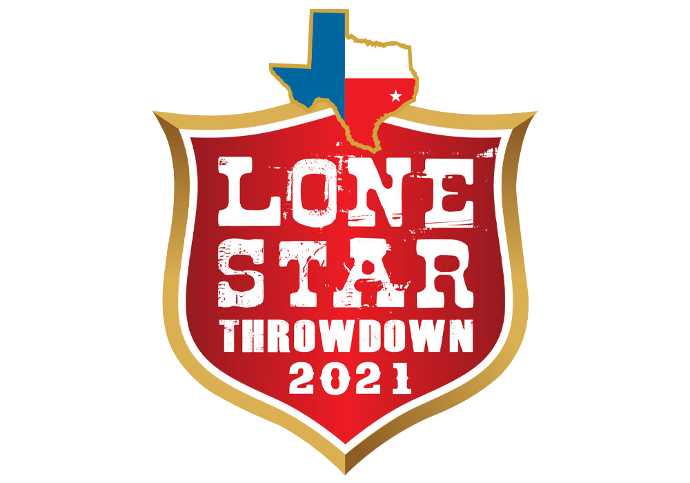 A red and gold emblem with the lone star throwdown logo.