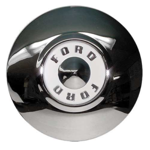 A chrome steering wheel with the word ford on it.