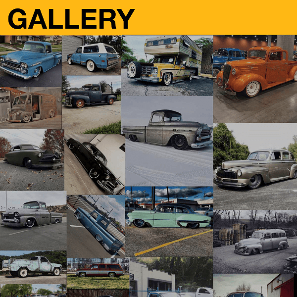 A collage of different trucks and cars in the parking lot.